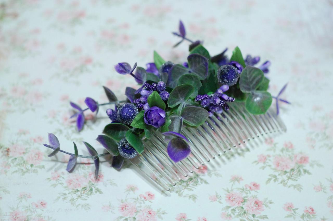 Гребінь шпилька / прикраса / гребінці для волосся в зачіску фіалковий з зеленню, фото 1