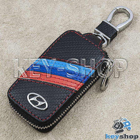 Ключниця кишенькова (шкіряна, чорна, під карбон, на блискавці, з карабіном, кільцем) логотип Hyundai (Хундай), фото 2