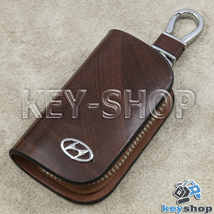 Ключниця кишенькова (шкіряна, коричнева, з візерунком, на блискавці, з карабіном, кільцем) лого Hyundai (Хундай)