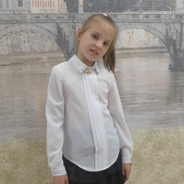 Блузка для дівчинки"Подвійний комір"(біла з оздобленням горох)довгий рукав , розміри 30 - 40