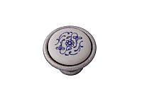 Ручка кнопка керамическая с голубым узором GU-P0704 античное серебро Ø 34 мм.