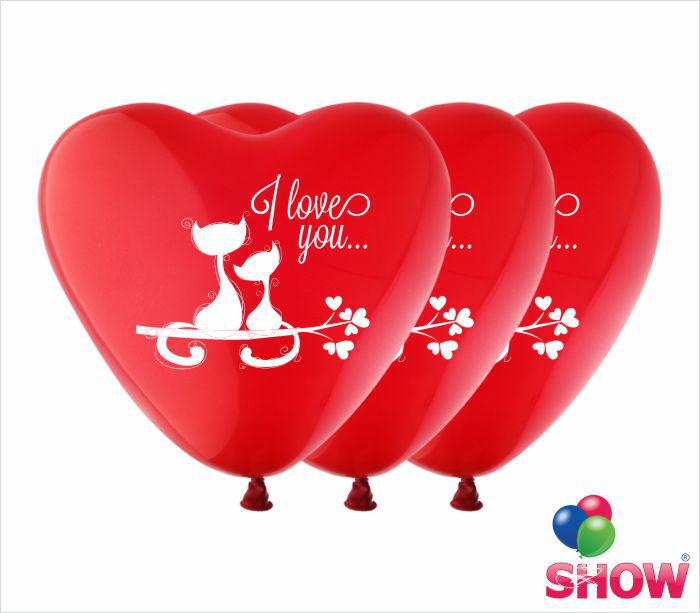 Повітряні кулі серце "I love you кошенята" 12"(30 см) Пастель Червоний В упак: 100 шт ТМ Арт «SHOW»