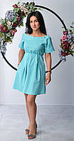 Мятное летнее красивое платье из льна с резинкой по талии размеры 44-46
