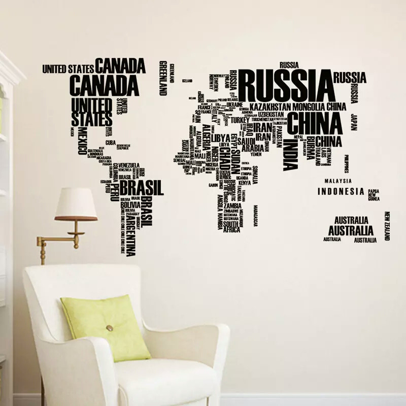 Наклейка на стіну, прикраси стіни наклейки в офіс "карта світу чорна" 74*122см (лист 60*90см)
