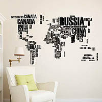 Наклейка на стіну, прикраси стіни наклейки в офіс "карта світу чорна" 74*122 см (лист 60*90см)