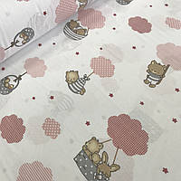 Хлопковая ткань (ТУРЦИЯ шир. 2,4 м) мишки и зайцы на коралловых и розовых облаках (R-FR-0030)