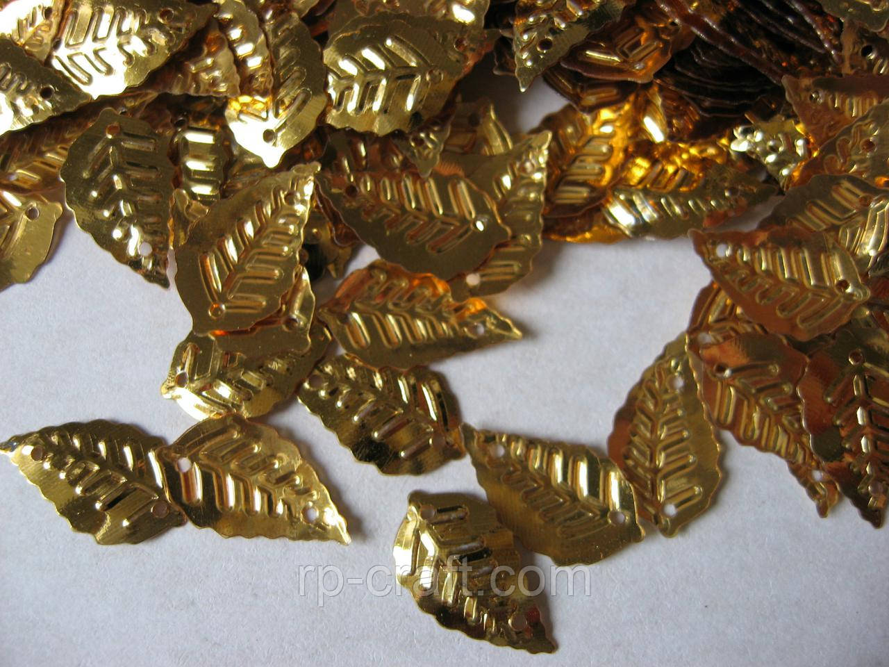 21. Упаковка паєток. Листя берези золоте, тиснене 10х17 мм, 5 грам, фото 1