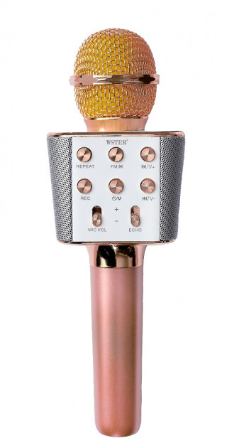 Безпровідний Мікрофон Караоке з динаміком 5 ТЕМБРІВ ГОЛОСИ WS-1688 USB, AUX FM рожевий