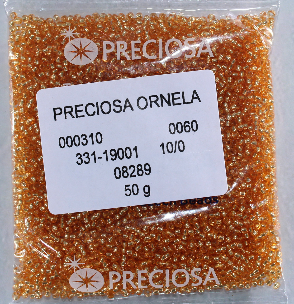 Бісер 10/0, No08289 жовтогарячий, срібна серединка (пап.50 грамів)