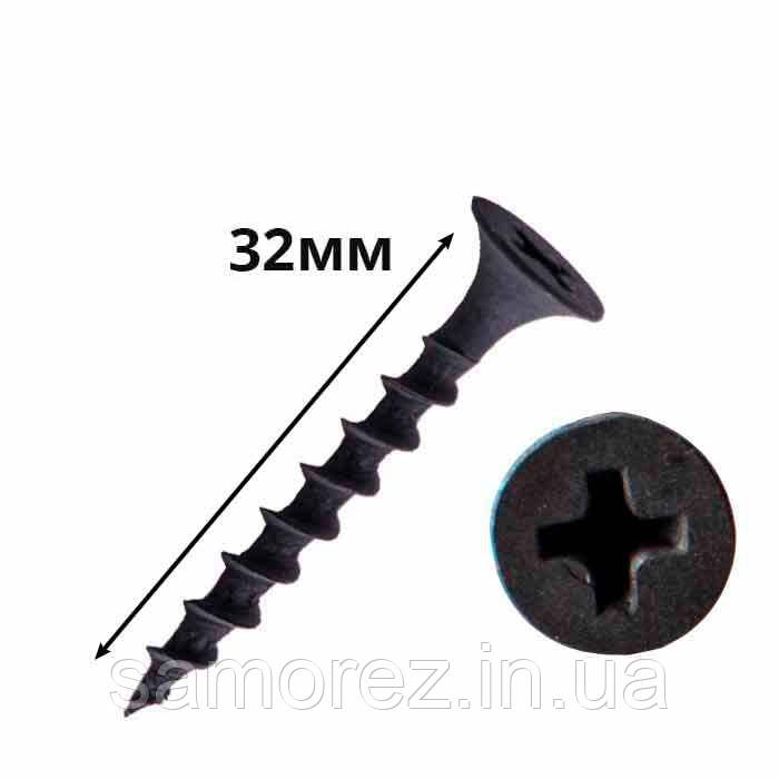 Саморіз по дереву 3,5х32мм, шуруп по дереву, чорний саморіз для гіпсокартона (1000 штук), фото 1