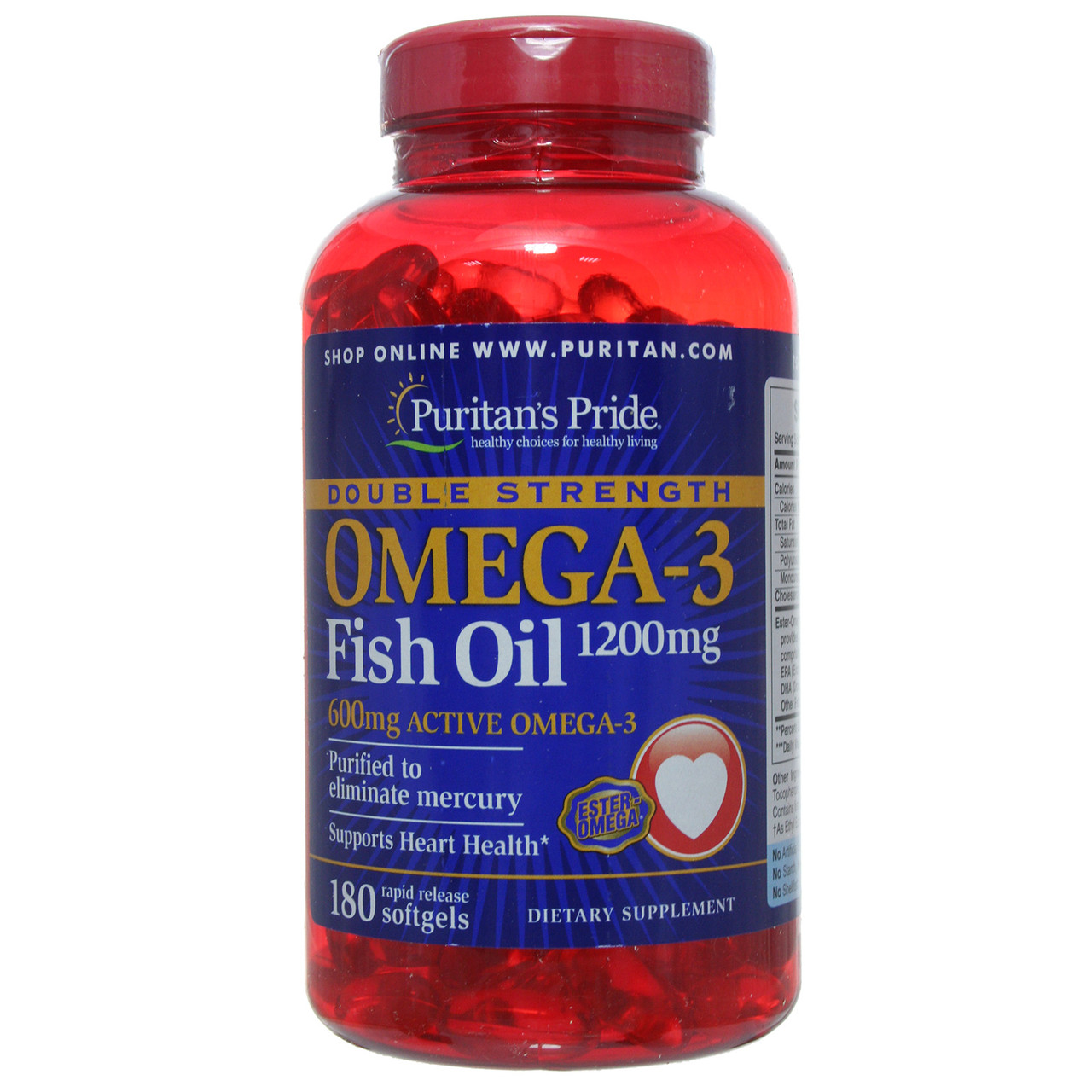 Омега-3 рыбий жир двойная сила, Omega-3 Fish Oil 1200 mg, Puritan's Pride, 180 капсул - фото 1 - id-p687570981