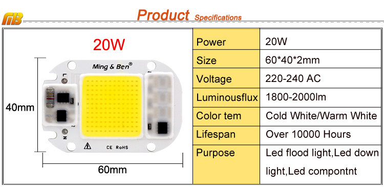 №56 LEd Smart IC 20w 6000K Світлодіод 20w світлодіодна матриця 20w з драйвером на борту MING&BEN