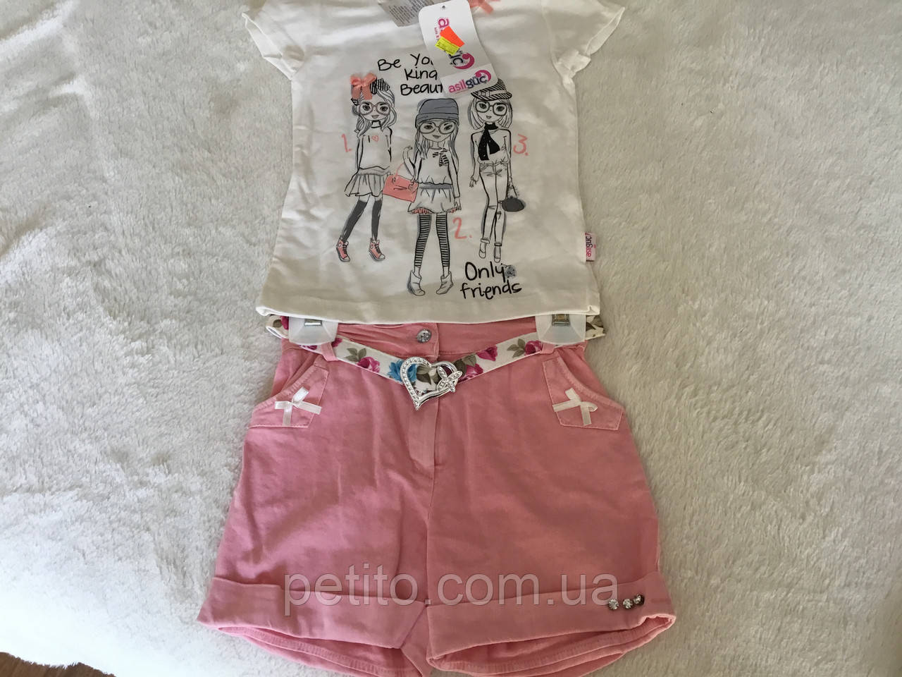 Літній костюм для дівчинки з футболкою і джинсовими шортами, фото 1