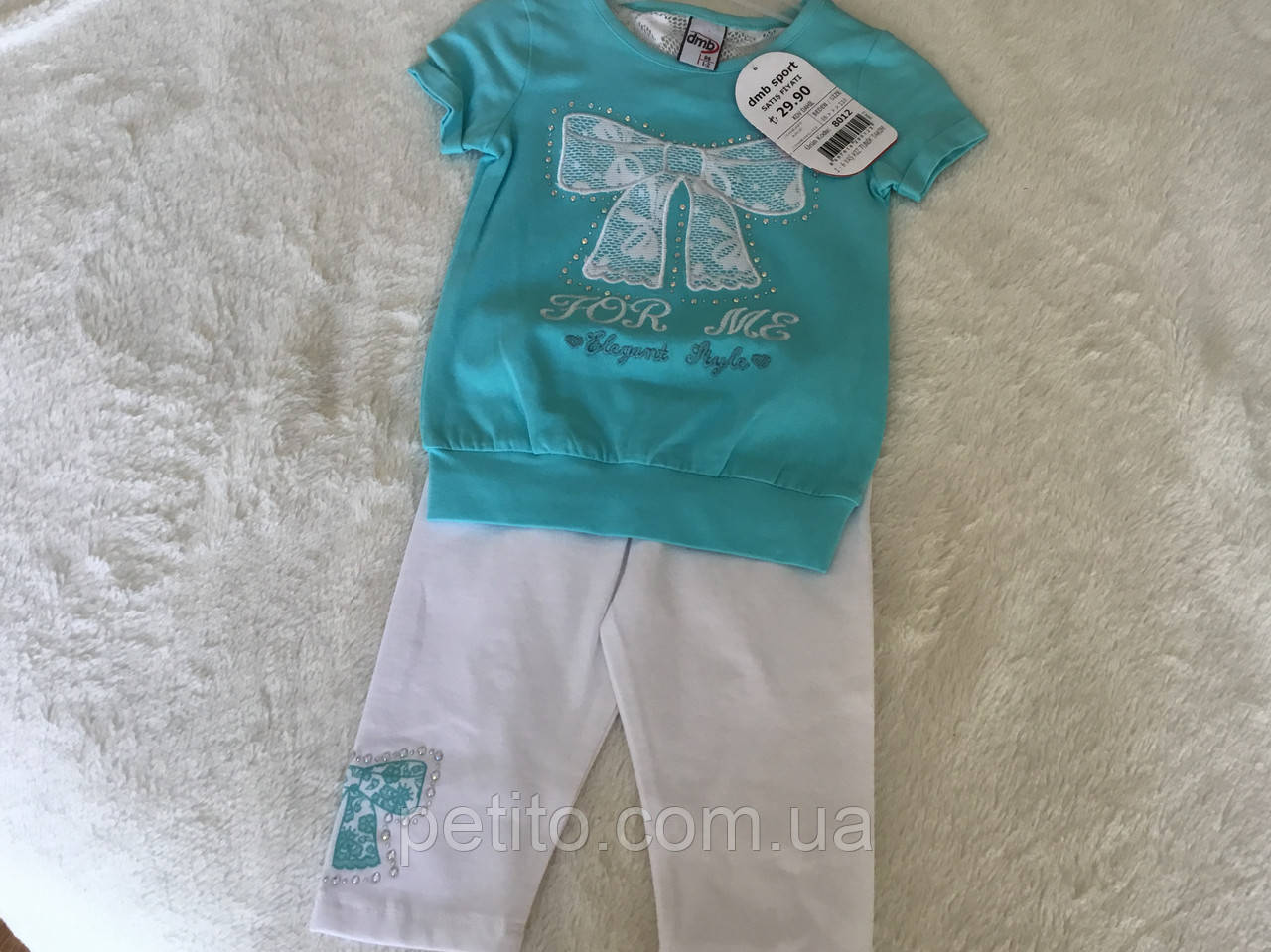 Літній костюм для дівчинки з бірюзовою футболкою, фото 1