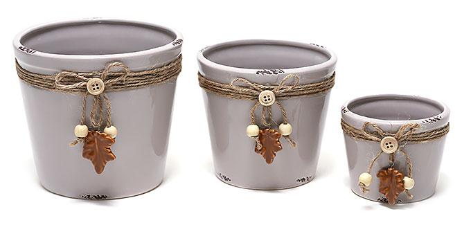 Набір кашпо (3шт) з декором, колір - сірий зістарений ТОВАР ВІД ВИРОБНИКА