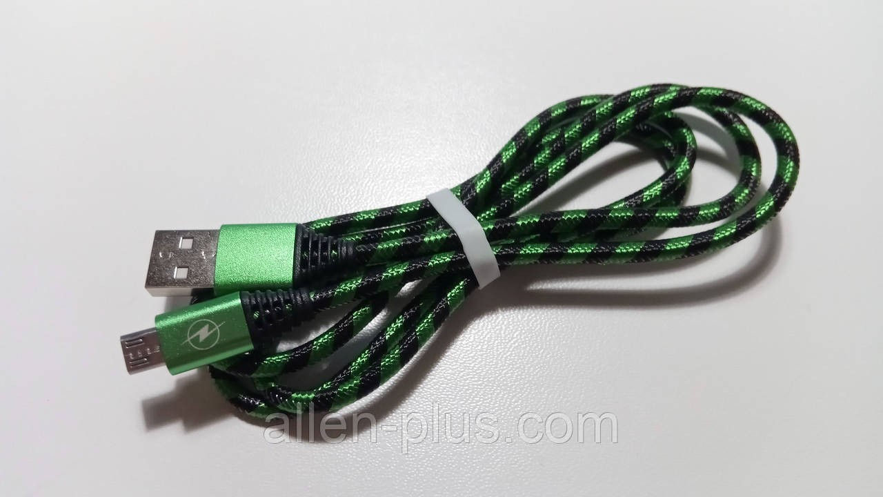 Кабель USB/microUSB у нейлоновому обплетенні, 90 см, чорно-зелений