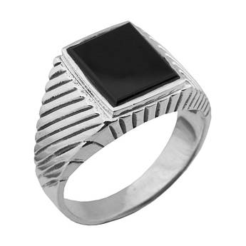 Перстень срібний чоловічій із дыагональним візерунком та чорним оніксом