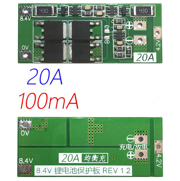 BMS контролер заряду/розряджання, плата захисту 2S Li-ion 7.4...8.4V 20A З Балансом