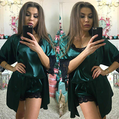 Розкішний атласний комплект трійка з мереживом