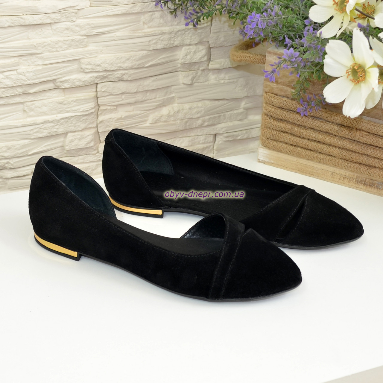 Жіночі чорні балетки на низькому ходу, натуральний замш, фото 1