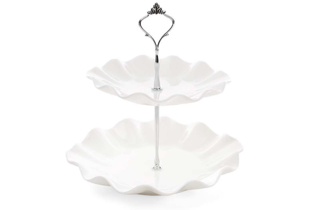 Фруктовниця порцелянова двоярусна Хвиля 24 см, колір — білий (988-135)