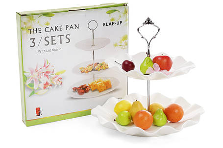 Фруктовниця порцелянова двоярусна Хвиля 24 см, колір — білий (988-135), фото 2