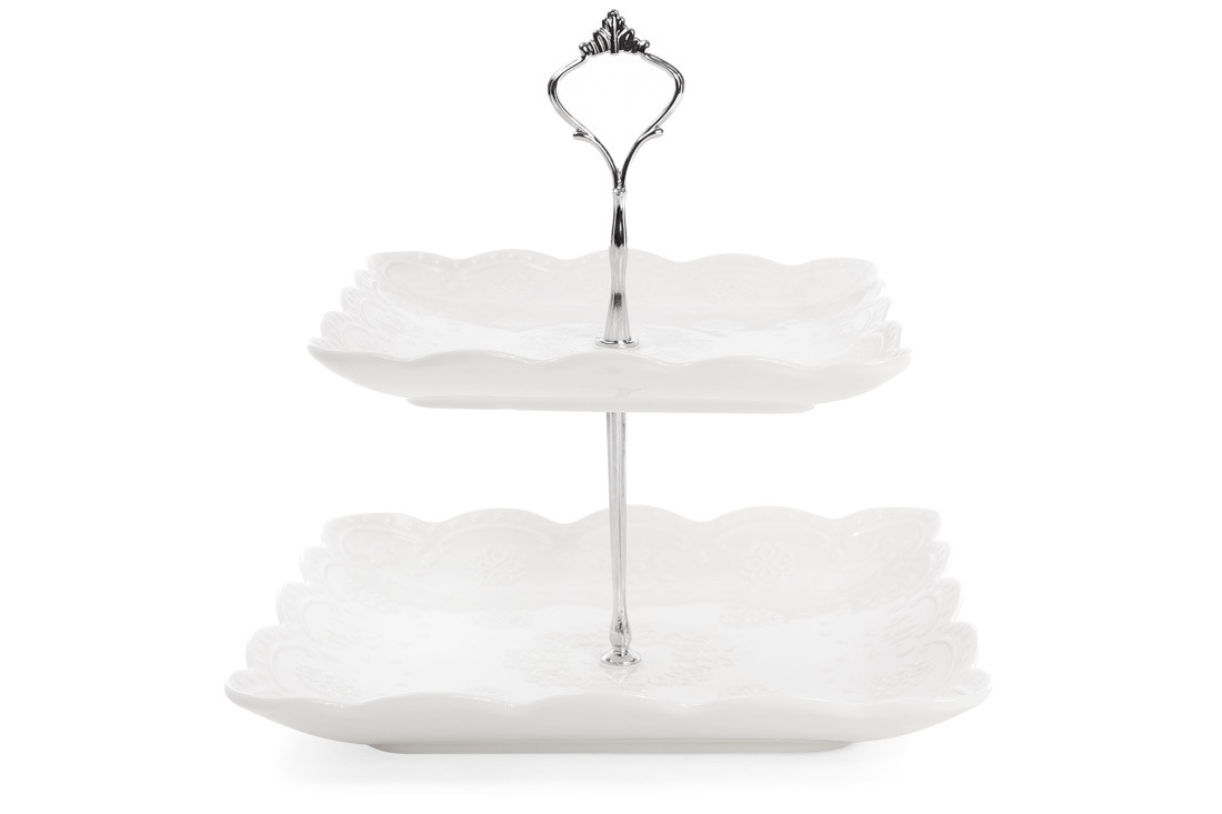 Фруктовниця порцелянова двоярусна квадратна Мереживо 25 см, колір — білий (988-138)