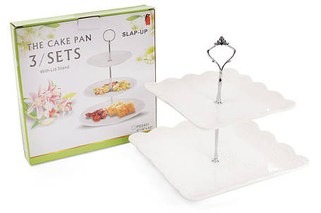 Фруктовниця порцелянова двоярусна квадратна Мереживо 25 см, колір — білий (988-138), фото 2