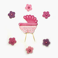 Топпер для торта - Набор для Новорожденного - Розовая Колясочка и Цветы