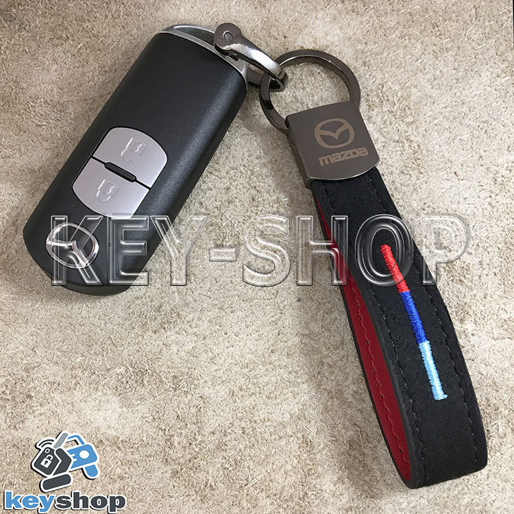 Брелок для авто ключей Mazda (Мазда) кожаный замшевый (черный) с хромированным карабином - фото 2 - id-p734975533