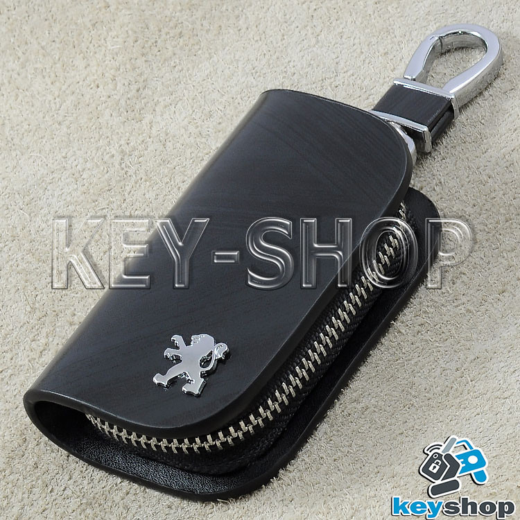 Ключниця кишенькова (шкіряна, чорна, з візерунком, на блискавці, з карабіном, кільцем) логотип авто Peugeot (Пежо)