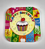 Тарілки квадратні одноразові паперові 5 шт., День народження кекс