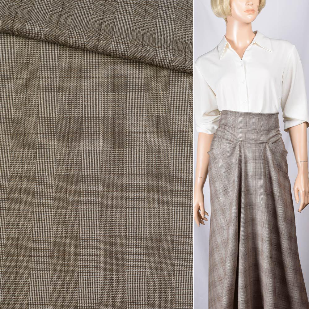 Вовна костюмна з шовком в клітинку молочну коричнева HUGO BOSS, ш.152