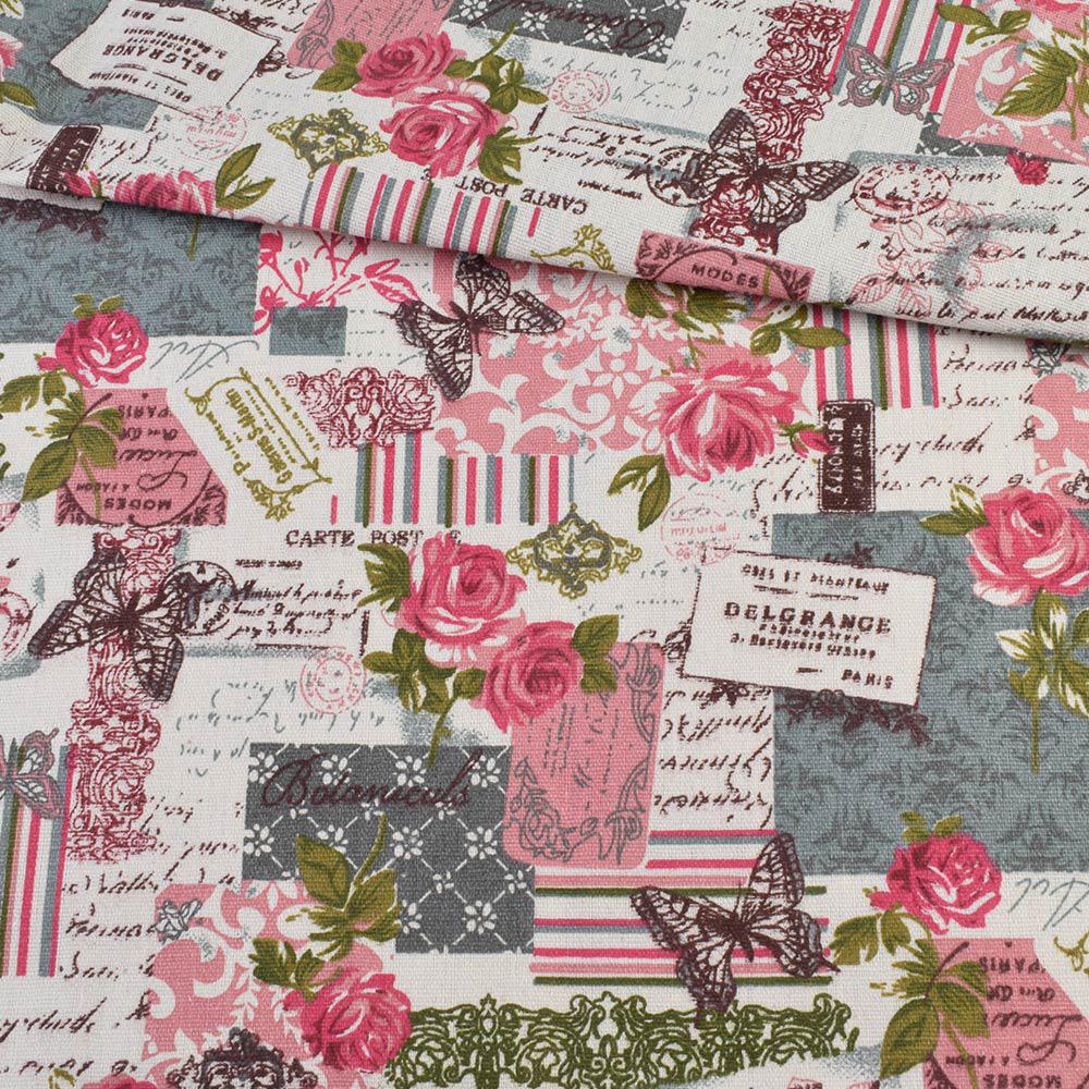 Деко-льон молочний, малинові троянди, метелики, мережива, ш.150