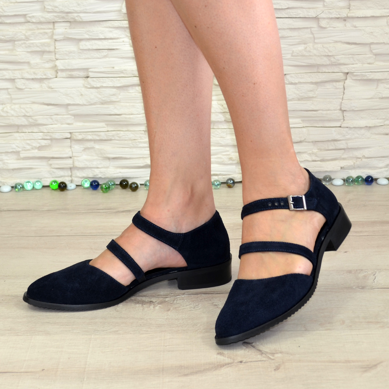 Сині жіночі замшеві туфлі на низькому ходу, фото 1