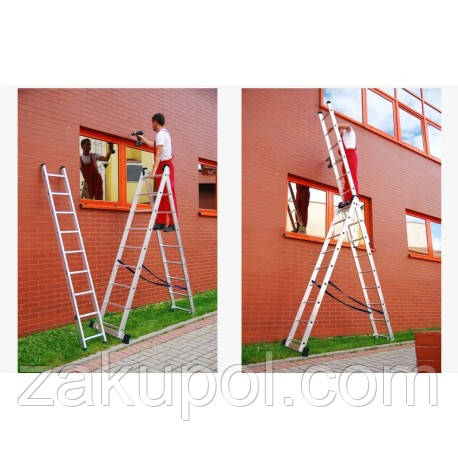 Драбина алюмінієва PRO 3-х секційна універсальна розкладна 3х8 щеблів. Польща