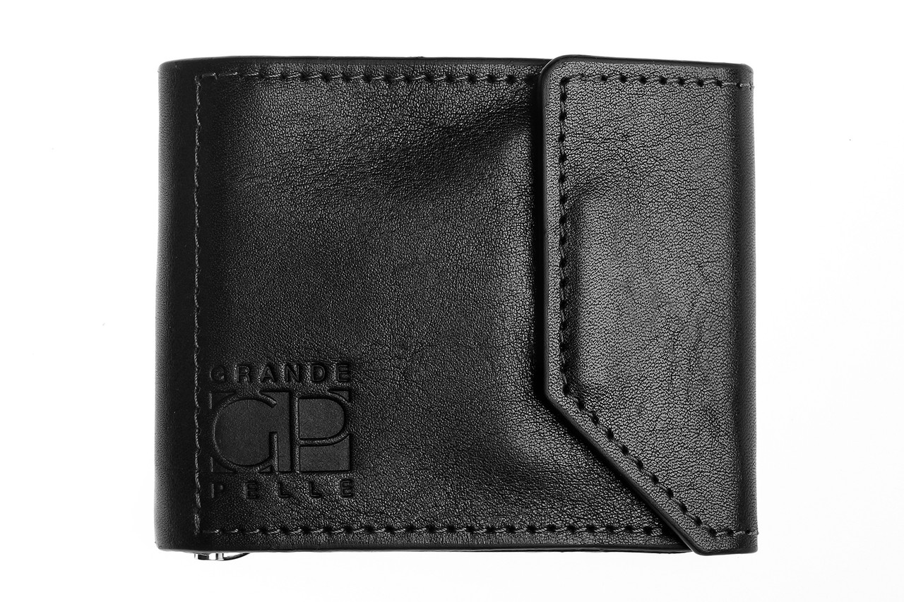 Шкіряний затиск для купюр чорний гаманець чоловічий притиск для купюр з монетницею Grande Pelle (GP)