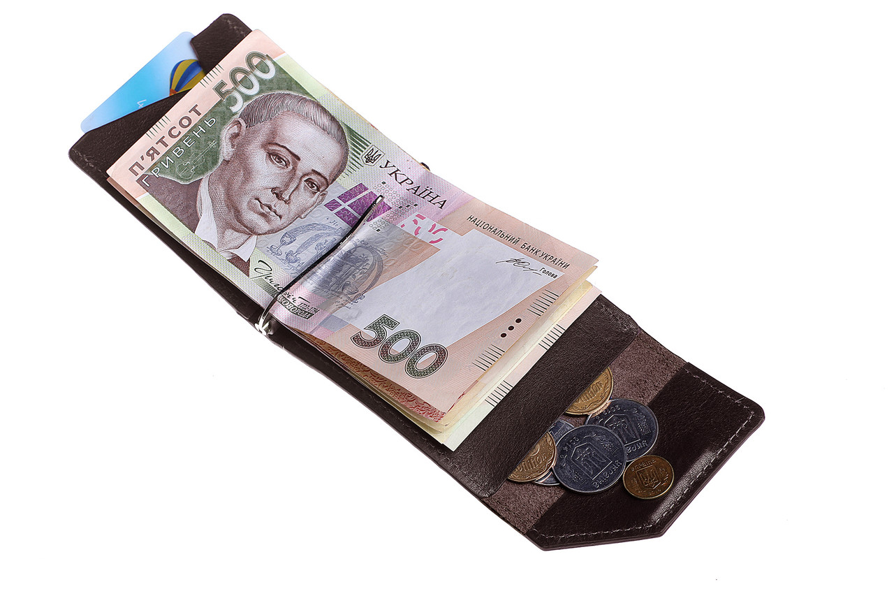 Шкіряний затиск для купюр коричневий гаманець чоловічий притиск для купюр з монетницею Grande Pelle (GP)