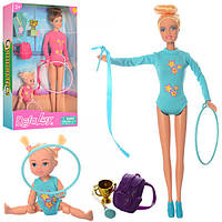 Кукла DEFA 8353 гимнастка,дочка10см,рюкзак,обруч 2шт, лента, кубок ,2вида,в кор-ке,20,5-32-5см
