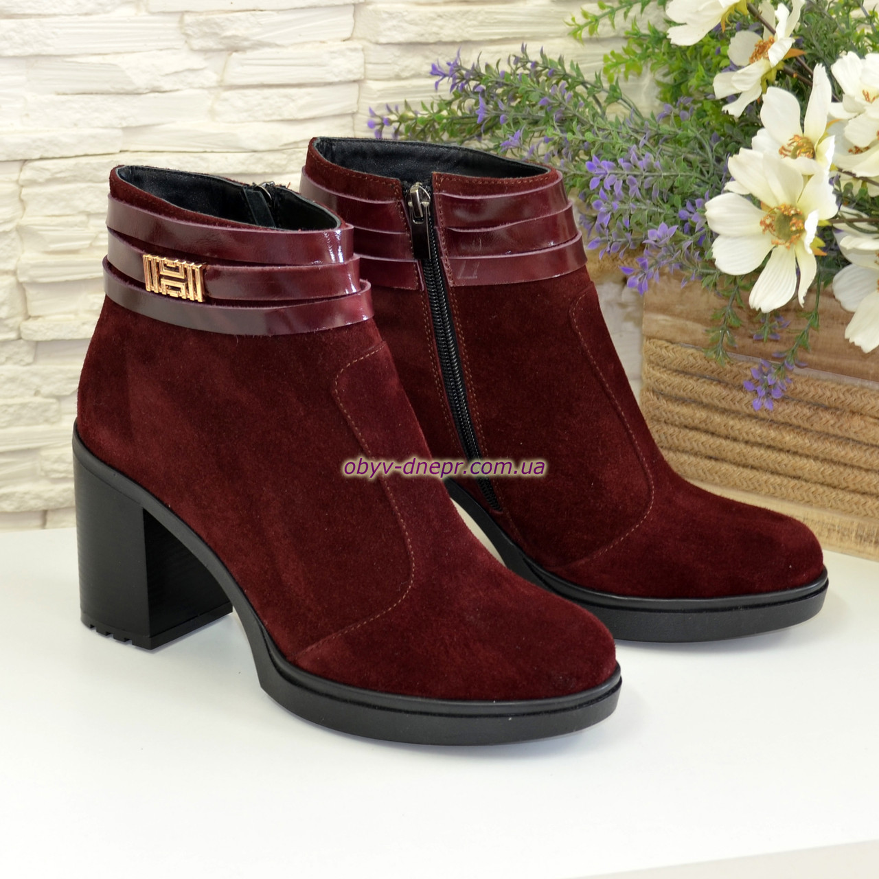Черевики жіночі замшеві на стійкому каблуці. Колір бордо, фото 1
