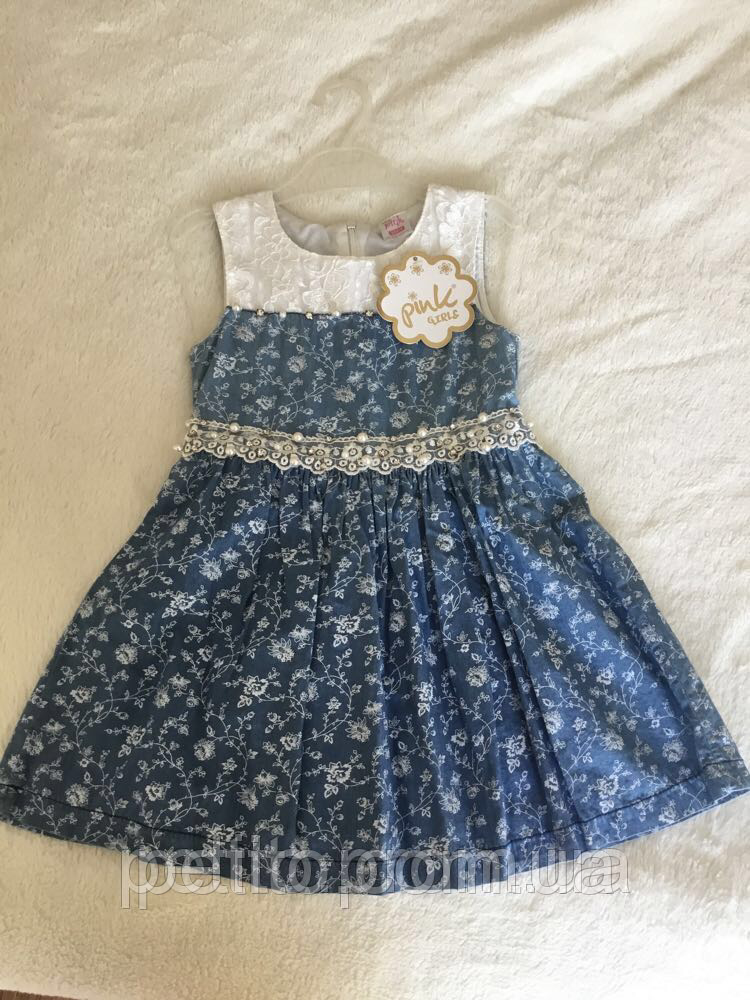 Модне плаття для дівчинки з пишною спідницею в кольорі джинс з поясом, фото 1