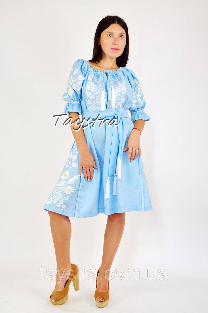 Блакитне бохоплаття вишиванка льон, етностильний стиль кантрі, вишийте плаття вишиванка, плаття льон