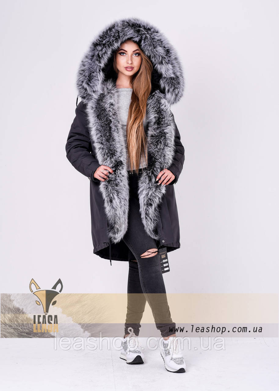 Жіноча зимова парка сірого кольору з пісцевим хутром , фото 1