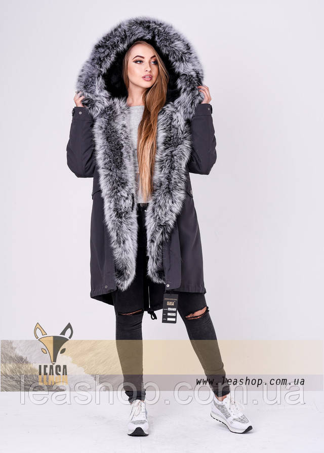 Серая меховая парка, зимняя модель, ФОТО Зимняя парка с натуральным мехом песца, ФОТО
