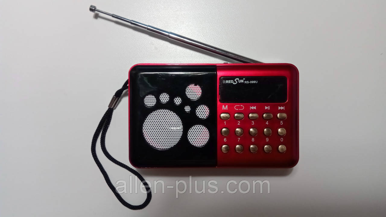 Радіоприймач RRedSun RS-099U, FM 87-108 Mhz, USB/microSD, mp3, акумулятор Li-Ion 800 mAh BL-5C, red