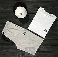 Мужской костюм тройка кепка футболка и шорты Лакост (Lacoste), летний мужской костюм, S