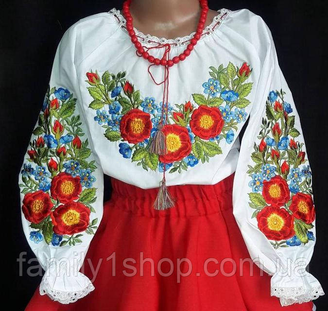 Вишита блуза на дівчинку з довгим рукавом, вишиванка з гарною квітковою вишивкою гладдю "Шипшина", 120-146.