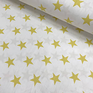 Тканина поплін зірки великі жовті на білому (ТУРЦІЯ шир. 2,4 м) № 33-09 (R-G-0255)