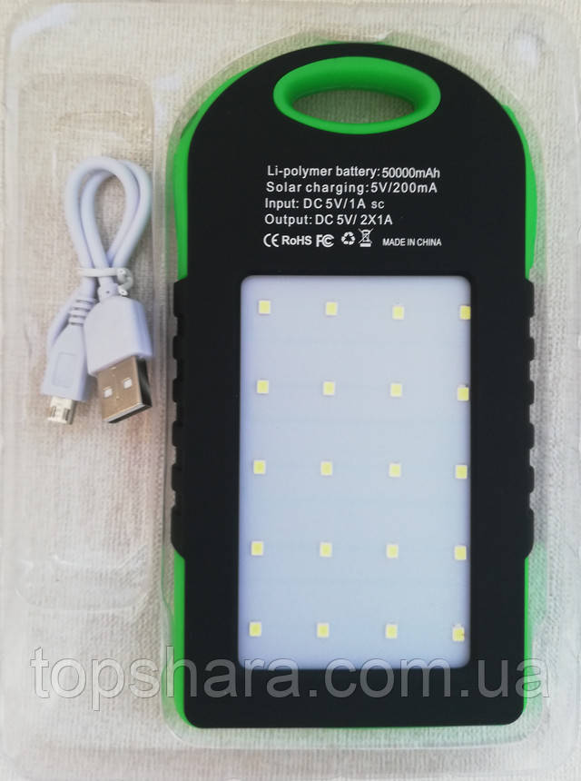 Портативное зарядное Power Bank Solar 50000 mAh на солнечной батареи, зелёный