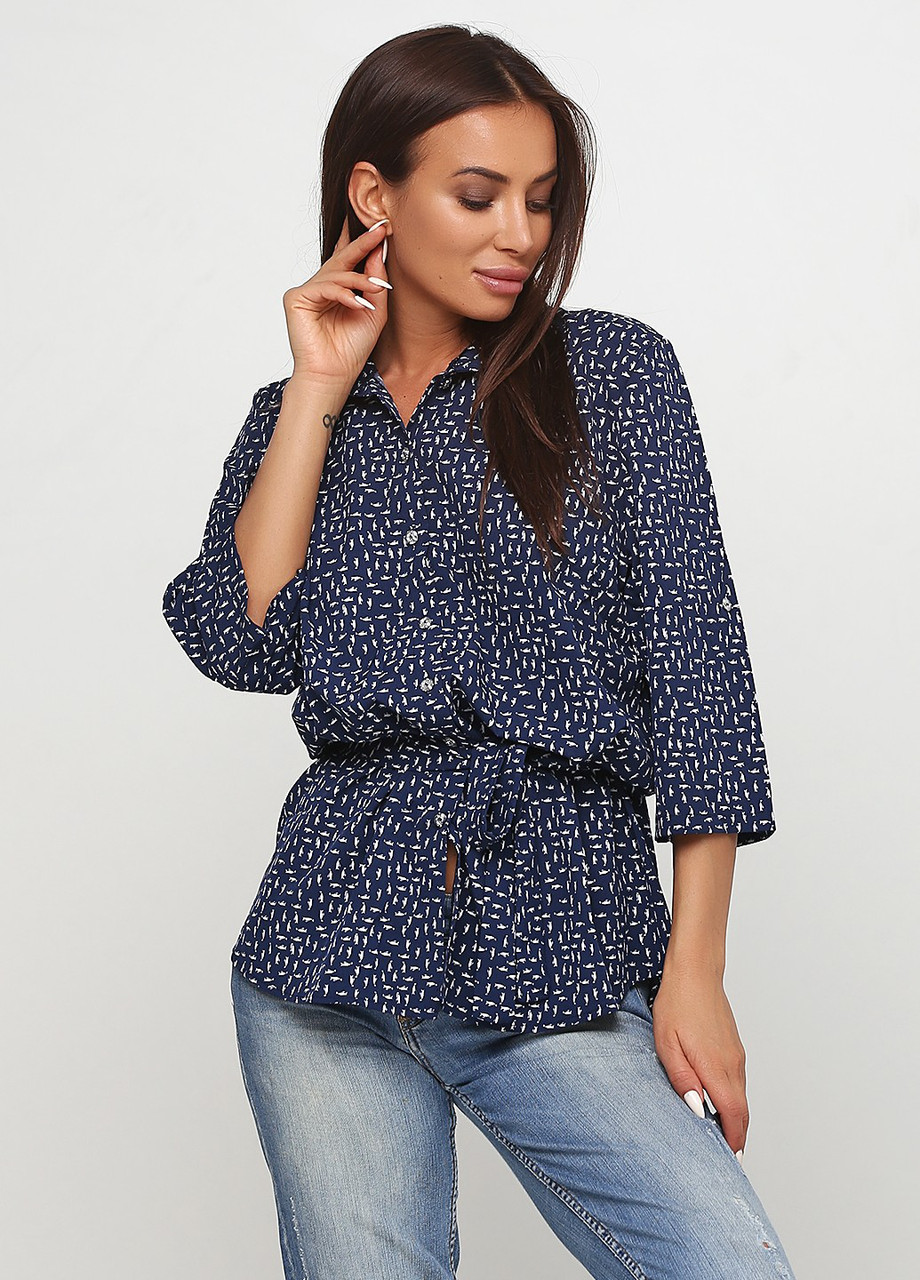 Рубашка, Блузка с коротким рукавом свободного покроя с поясом (тёмно-синий) - фото 1 - id-p738531268